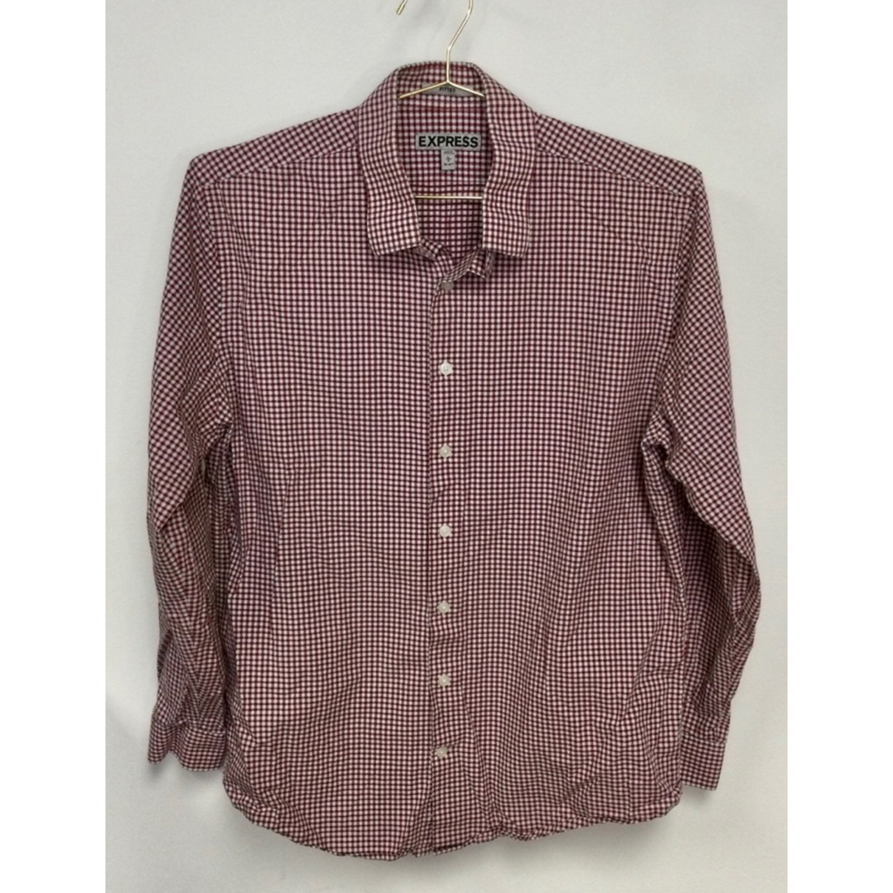 Men's Express Fitted Button Down Shirt Size L Red White Checkered